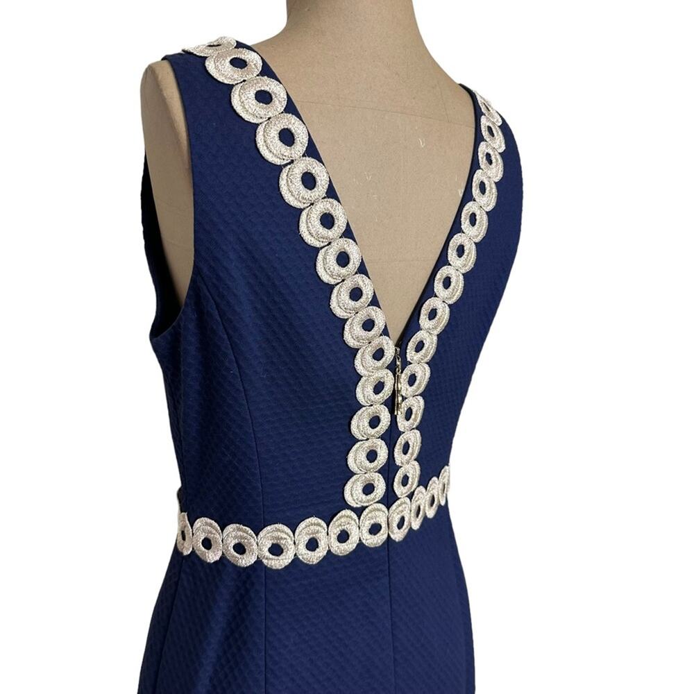 Lilly Pulitzer Mini Dress Gold Embroidered Trim Navy Blue Textured Cotton 0 - Picture 7 of 10